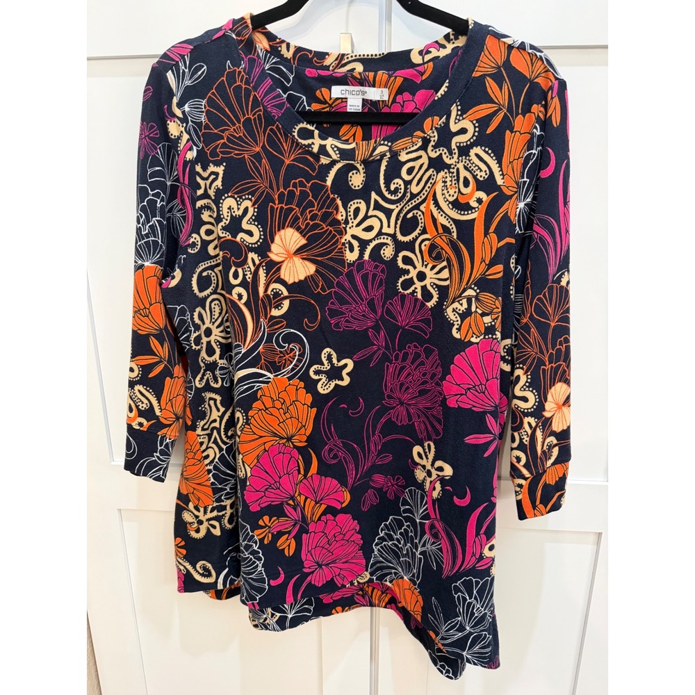 Chico's Floral Knit Top Size 3 XL Navy Pink Orange 3/4 Sleeve Scoop Neck Shirt